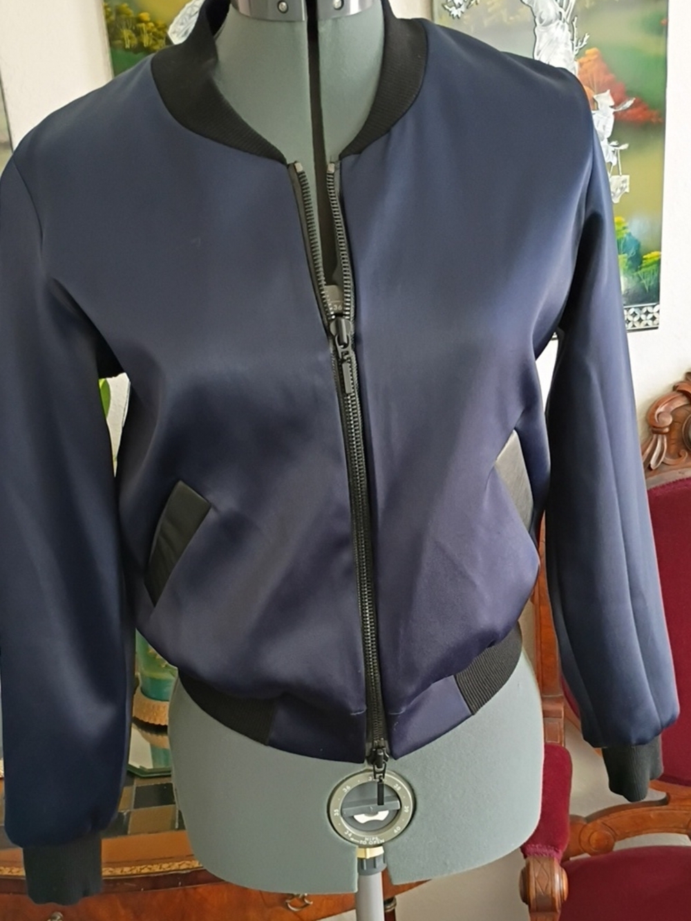 Amin Phillips Runway 100% Silk Navy Blue Bomber Jacket - Picture 2 of 5
